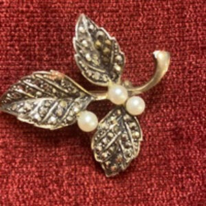 VTG rare Silver Leaf Brooch with Pearls Germany signed by NM art deco